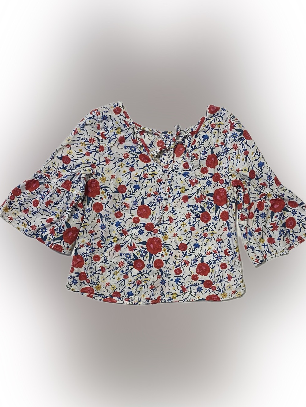 J. Crew Cream Floral Peasant Blouse with Red and Blue Accents